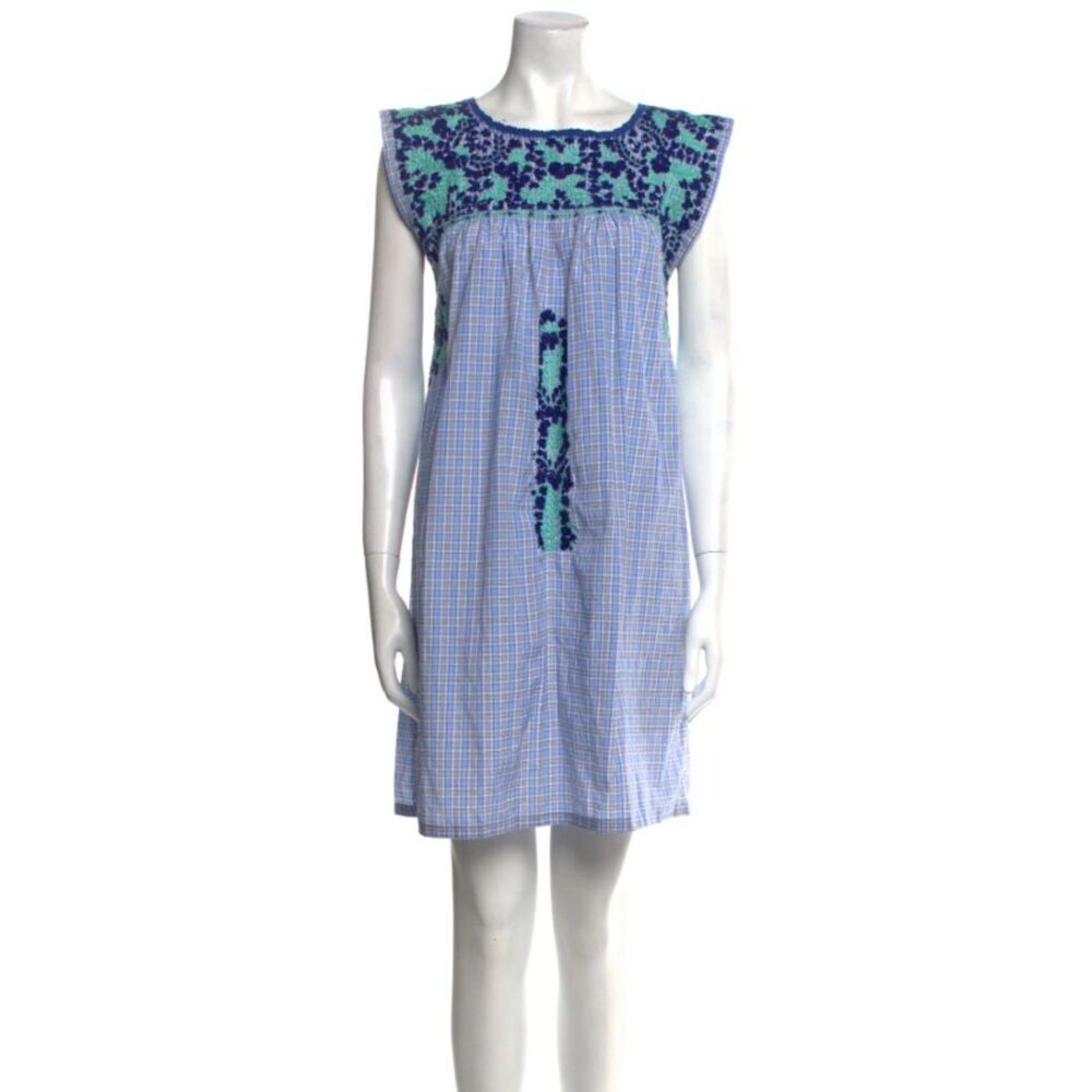 Mi Golondrina Tent Dress Blue Plaid Print‎ Embroidered Accent Short Sleeve Small